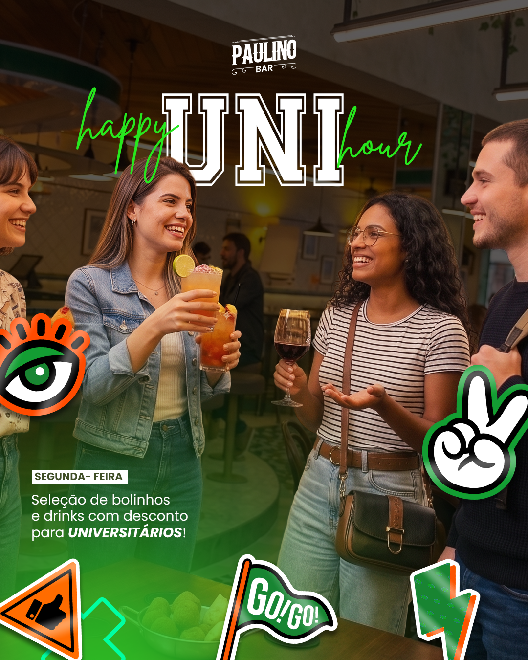 Card do Happy Hour UNI, às segundas, com desconto para universitários