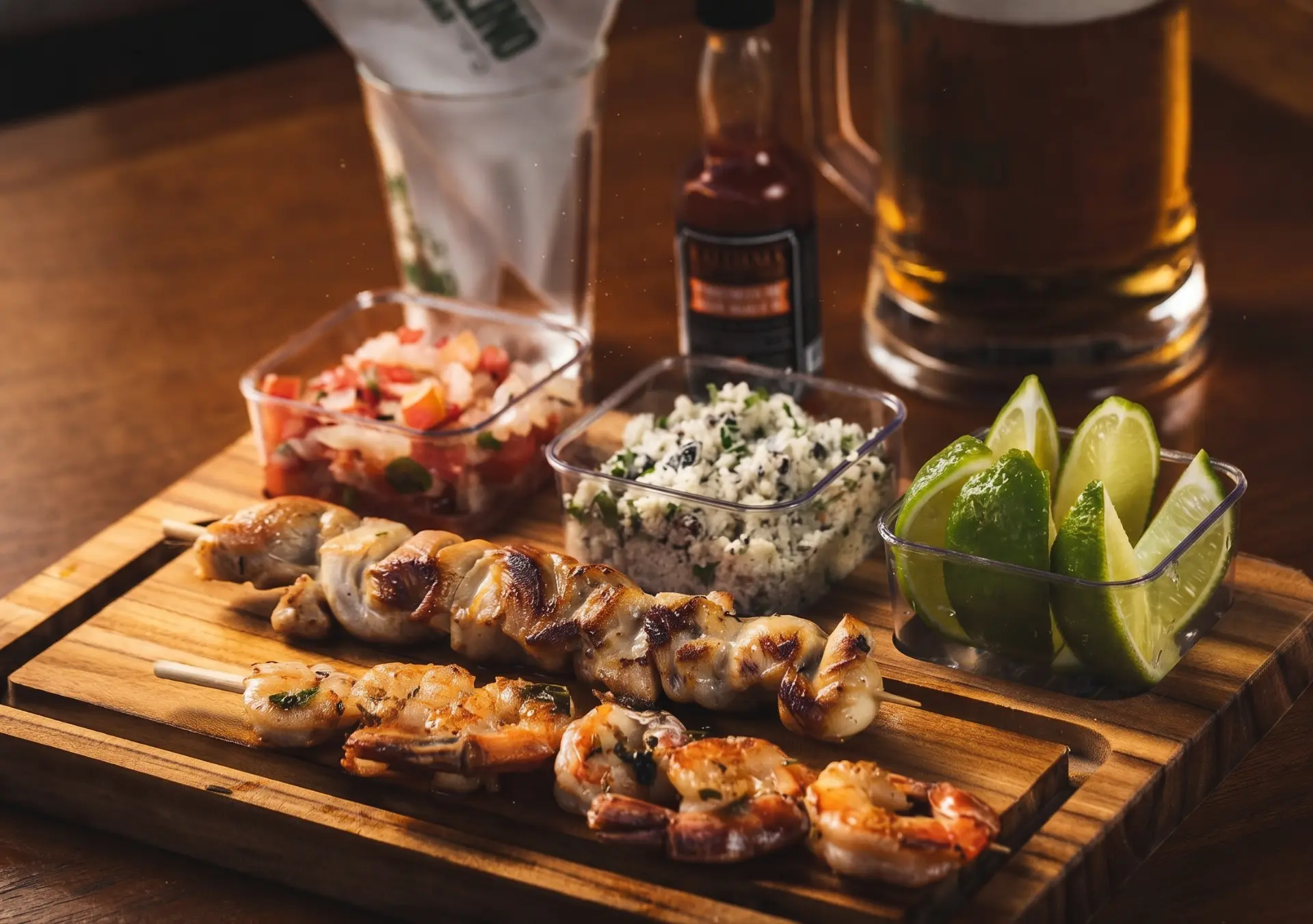 Tábua com espetinhos de frango e camarão, vinagrete, farofa e limão ao lado de um chopp